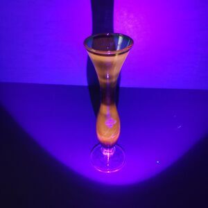 Elegant Vintage Amber Glowing Orange Glass Footed Etched Flower Bud Vase 8"